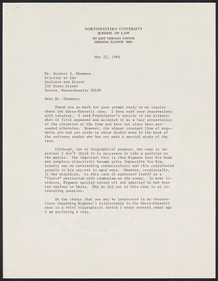 Herbert Brutus Ehrmann Papers, 1906-1970. Sacco-Vanzetti. Wigmore-Frankfurter controversy. Box 15, Folder 7, Harvard Law School Library, Historical & Special Collections