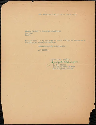 J. M. Chacon typed note signed to Sacco-Vanzetti Defense Committee, Los Angeles, Calif., July 28, 1927