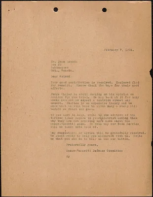 Sacco-Vanzetti Defense Committee typed letter (copy) to John Loboda, [Boston, Mass.], February 7, 1924