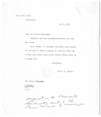 Letter from President Harry S. Truman to Prime Minister Liaquat Ali Khan of Pakistan