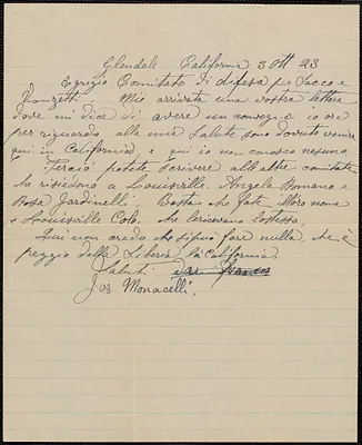 Joseph Monacelli autograph letter signed, in Italian, to Sacco -Vanzetti Defense Committee, Glendale, Calif., October 3, 1924