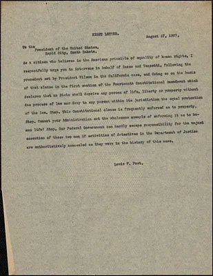 Louis F. Post telegram (copy) to [Calvin Coolidge, Washington, D. C. ?], August 17, 1927