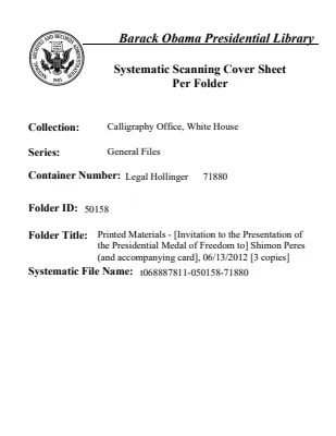 Printed Materials - [Invitation to the Presentation of the Presidential Medal of Freedom to] Shimon Peres (and accompanying card], 06/13/2012