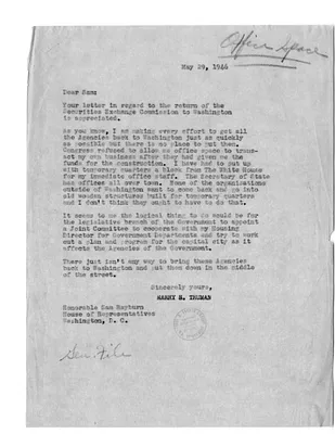 Letter from President Harry S. Truman to Congressman Sam Rayburn