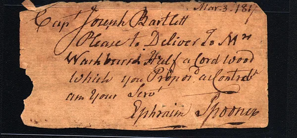 Ephraim Spooner to Joseph Bartlett March 3 1817 autograph note with later envelope