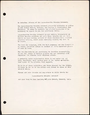 Request for funds for the Massachusetts Freedom Movement