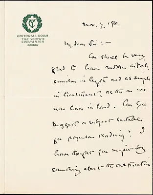 Rideing, William Henry, 1853-1919 autograph letter signed to Hugo Münsterberg, Boston, 07 November 1910