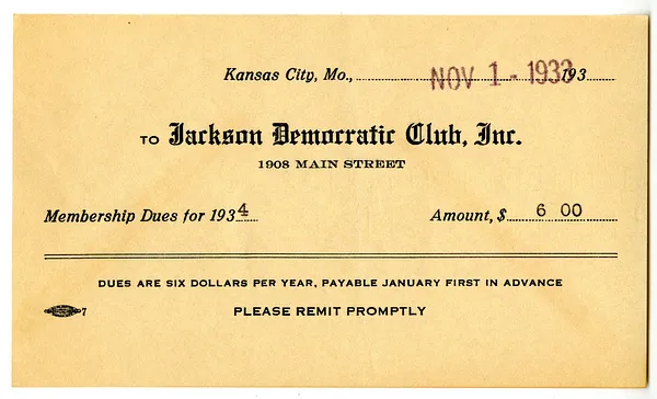 Dues Receipt from the Jackson Democratic Club, Inc.
