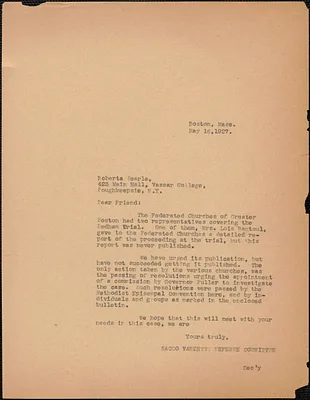 Sacco-Vanzetti Defense Committee typed letter (copy) to Roberta Searle, Boston, Mass., May 16, 1927