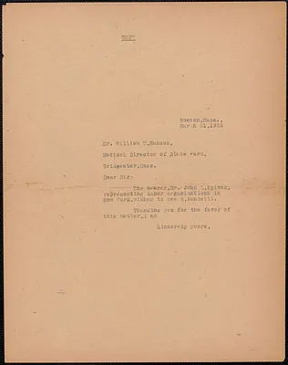 Sacco-Vanzetti Defense Committee typed note (copy) to William T. Hanson, Boston, Mass., March 21, 1925