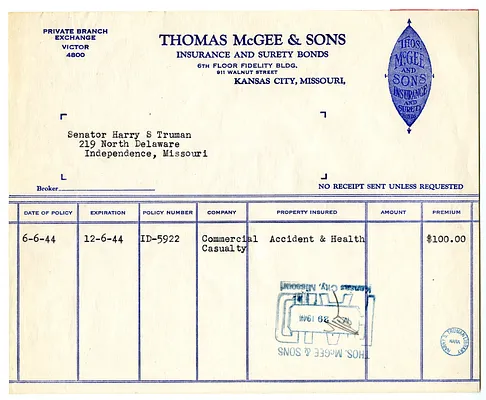 Insurance Receipt, Thomas McGee & Sons