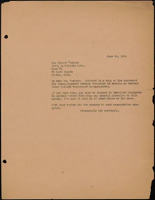 Sacco-Vanzetti Defense Committee typed letter (copy) to Robert Fechner (International Machinists Association), Boston, Mass., June 24, 1926