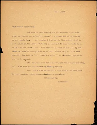 Bartolomeo Vanzetti typed letter (copy) to Alice Stone Blackwell, [Charlestown], 11 January 1926