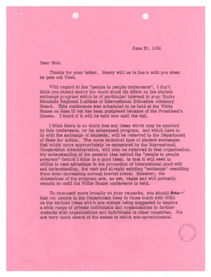 Letter from John Hanes, Jr., Regarding Response to the Student Exchange Program
