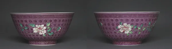 Pair of Bowls with Peony Sprays on Diaper Ground (exterior); Chrysanthemum Sprays (interior)
