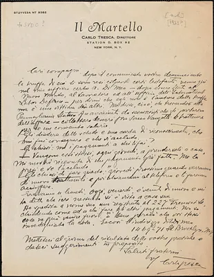 Carlo Tresca (Il Martello) autograph letter signed, in Italian, to Sacco-Vanzetti Defense Committee, New York, N. Y., [1923?]