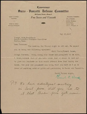 Fred E. Beal (Lawrence Sacco-Vanzetti Defense Committee) autograph letter signed to Joseph Moro, Lawrence, Mass., May 25, 1927