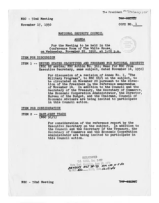 Agenda for Seventy-Second Meeting of the National Security Council