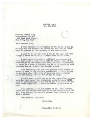 Letter, Jacqueline Cochran to General Lucius Clay