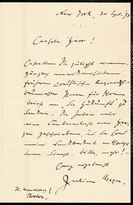 Meyer, Julius, fl. 1898. autograph letter signed to Hugo Münsterberg, New York, 30 September 1898