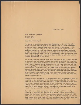 Sacco-Vanzetti Case Records, 1920-1928. Correspondence. Gardner Jackson to Gertrude Winslow, April 1929. Box 41, Folder 60, Harvard Law School Library, Historical & Special Collections