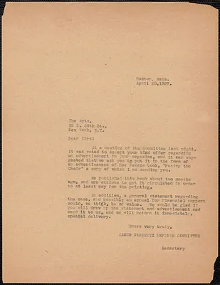 Sacco-Vanzetti Defense Committee typed letter (copy) to The Arts, Boston, Mass., April 28, 1927