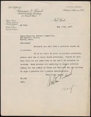 Walter Frank typed letter signed to Sacco-Vanzetti Defense Committee, New York, N.Y., May 13, 1927