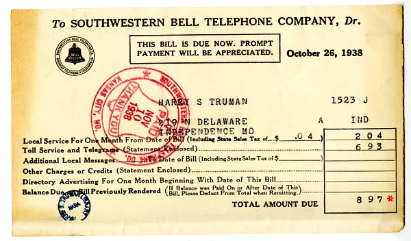 Bill from Southwestern Bell Telephone Company to Harry S. Truman