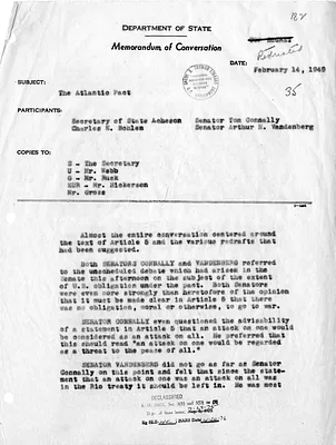 Memorandum of Conversation with Secretary of State Dean Acheson, Charles Bohlen, Senator Tom Connally, and Senator Arthur Vandenberg