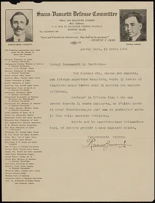 Romeo Zenoni (Sacco-Vanzetti Defense Committee) typed letter (circular), in Italian, to Egregi Componenti il Comitato, Boston, Mass., March 12, 1924