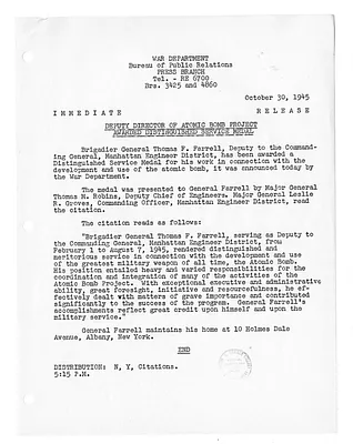 War Department Press Release