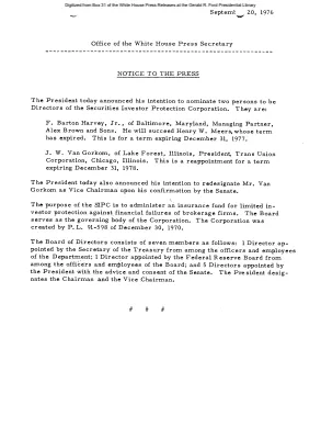 President intends to nominate F. Barton Harvey, Jr. and J. W. Van Gorkom to be Directors of the Securities Investor Protection Corporation [Position Appointments and Resignations]