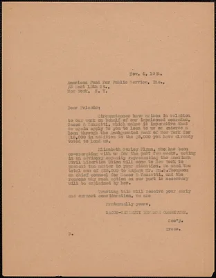 Sacco-Vanzetti Defense Committee typed letter (copy) to The American Fund For Public Service, Inc., Boston, Mass., November 4, 1924