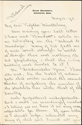 Hall, Granville Stanley, 1844-1924 manuscript letter signed to Hugo Münsterberg, Worcester, Mass., 10 May 1895