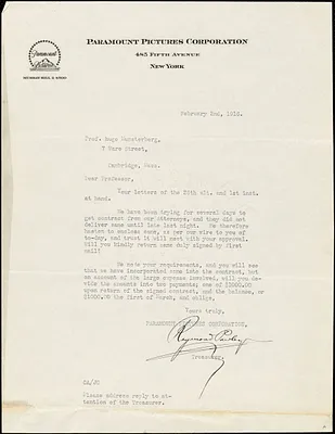 Paramount Pictures Corporation typed letter signed to Hugo Münsterberg, New York, 02 February 1916
