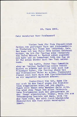 Reisinger, Hugo, 1856-1914 typed letter signed to Hugo Münsterberg, New York, 23 March 1908