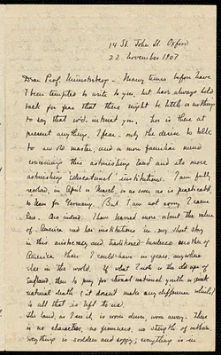 Kallen, Horace Meyer, 1882-1974 autograph letter signed to Hugo Münsterberg, Oxford, Eng., 22 November 1907