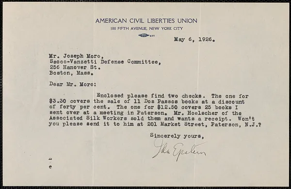 Ida Epstein (American Civil Liberties Union) typed note signed to Joseph Moro, New York, N.Y., May 6, 1926