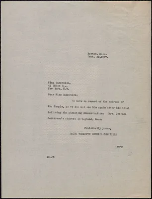 Mary Donovan (Sacco-Vanzetti Defense Committee) typed note (copy) to Nina Samorodin (National Council for Protection of Foreign Born Workers), Boston, Mass., September 22, 1927