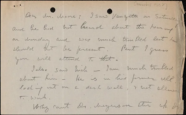 Elizabeth G[lendower] Evans autograph note signed to [Fred H.] Moore, [Brookline, Mass.?, November 1923?]