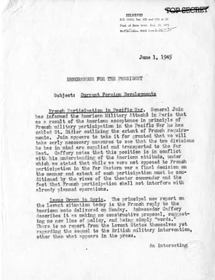 Memorandum from Acting Secretary of State Joseph Grew to President Harry S. Truman, Current Foreign Developments