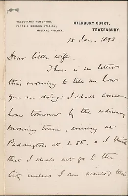[John Biddulph Martin] autograph note to [Victoria Woodhull Martin], Tewkesbury, [England], January 15, 1893