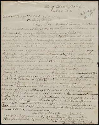 Eugene A. Richardson autograph letter signed to Sacco-Vanzetti Defense Committee, Long Beach, Calif., October 24, 1923