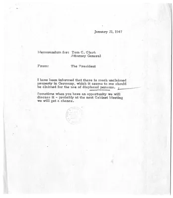 Memorandum from Attorney General Tom Clark to President Harry S. Truman