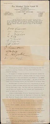 Fur Workers' Union of Boston, Local 30 printed petition signed to Citizens National Committee for Sacco and Vanzetti, Boston, Mass., [August 8, 1927]