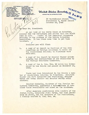 Letter from Senator Theodore F. Green to President Harry S. Truman, with Attachments