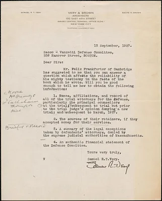 Samuel R. T. Very typed letter signed to Sacco-Vanzetti Defense Committee, New York, N. Y., September 13, 1927