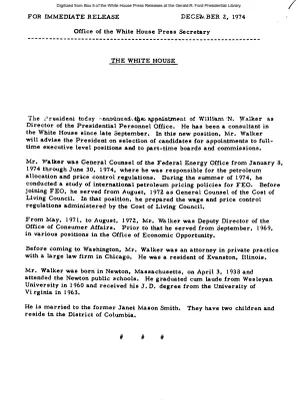 Walker, William N. - Director of Presidential Personnel Office [Biography]