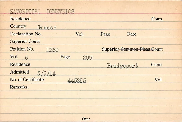 Fairfield County Superior Court and Fairfield County Court of Common Pleas, Index to Records of Naturalization, 1839-1955, Zavoritis-Zywicki