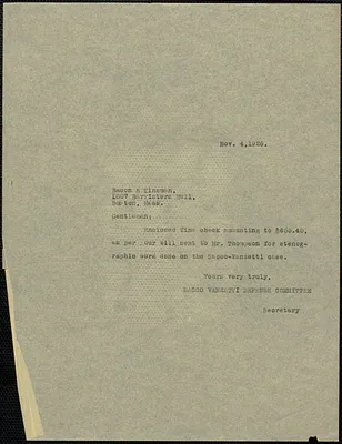Sacco-Vanzetti Defense Committee typed note (copy) to Bacon and Kinsman, Boston, Mass., November 4, 1926